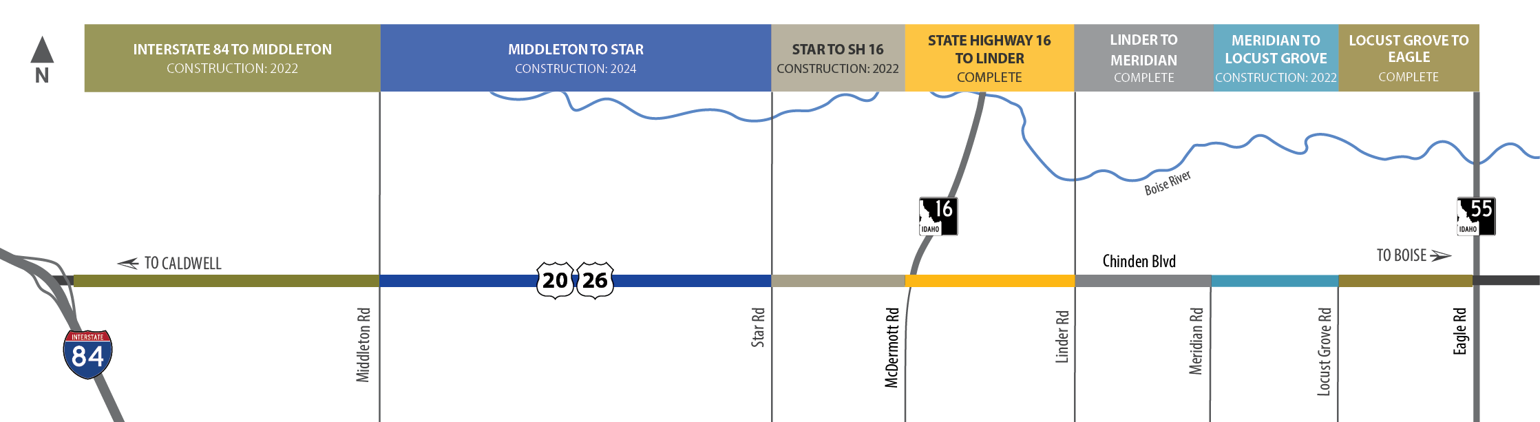 Combined project area map and construction schedule including construction area between U.S. 20/26: I-84 to Middleton Road in Caldwell. This schedule highlights interstate 84 to Middleton to be constructed in 2022