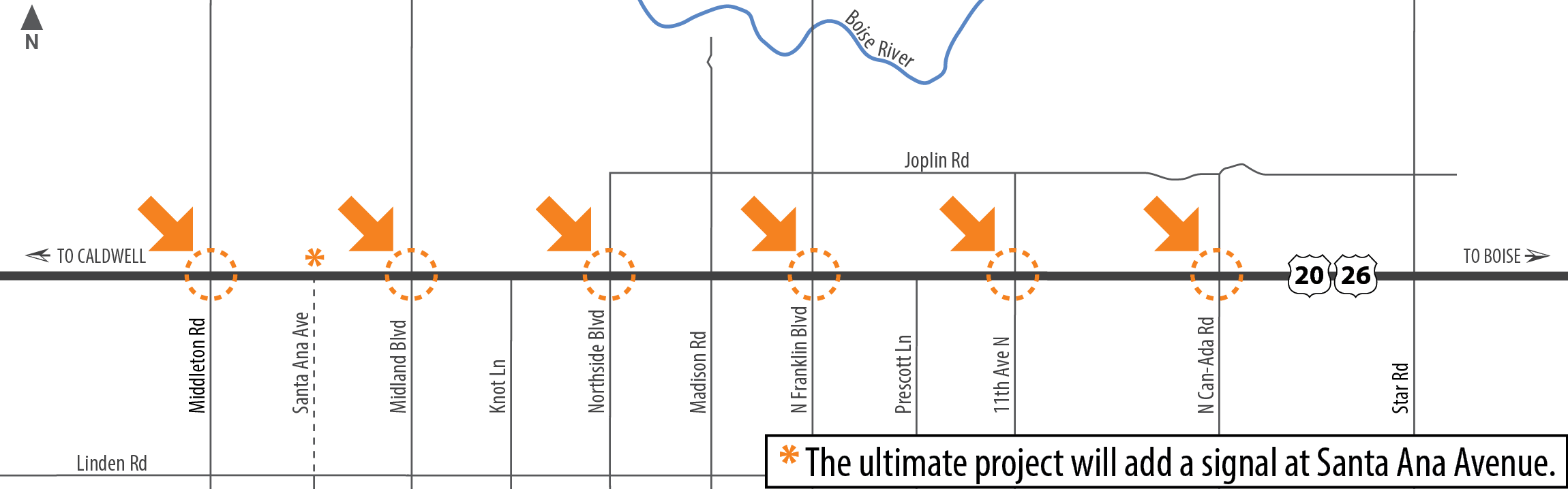 Intersection improvement maps shows intersection improvements at Middleton Road, Midland Boulevard, Northside Boulevard, North Franklin Boulevard, 11th Avenue North and North Can-Ada Road. The ultimate project will add a signal at Santa Ana Avenue.