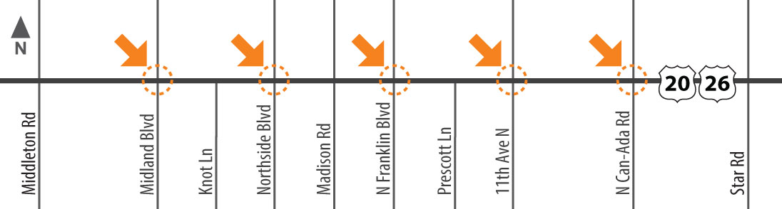Map highlighting Midland Boulevard, Northside Boulevard, North Franklin Boulevard, 11th Avenue, and North Can-Ada Road.