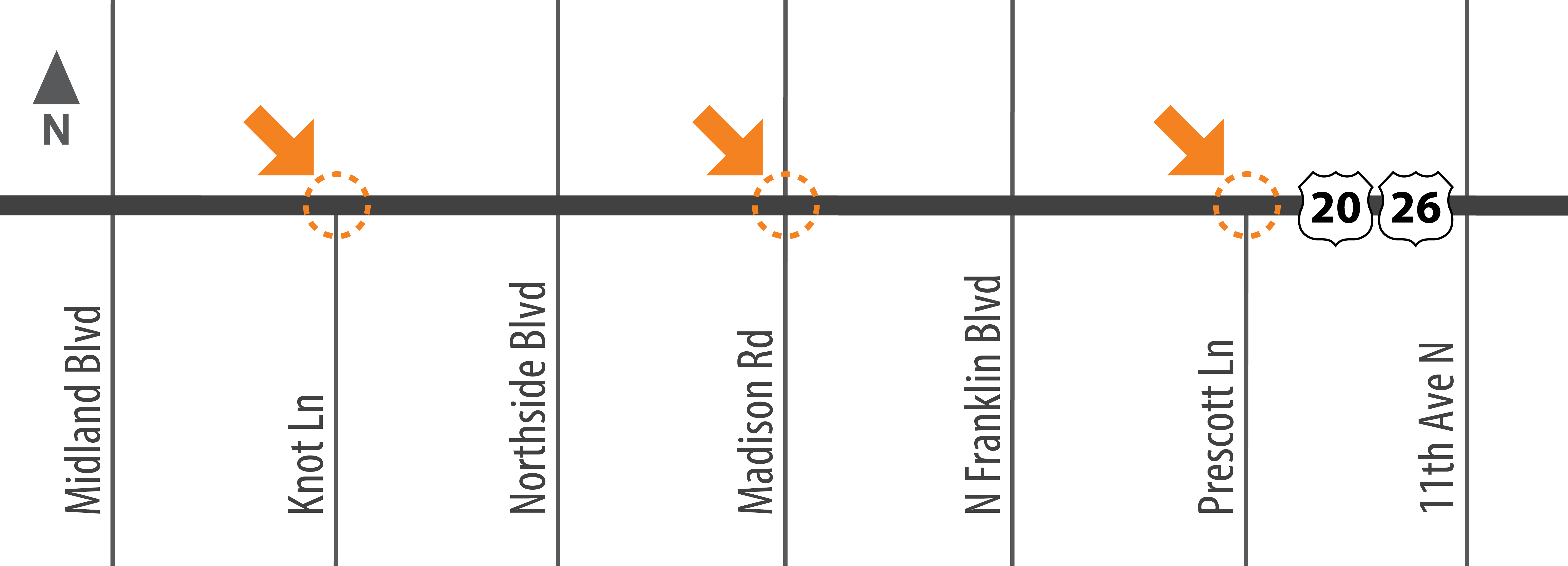 Map highlighting Knott Lane, Madison Road and Prescott Lane.