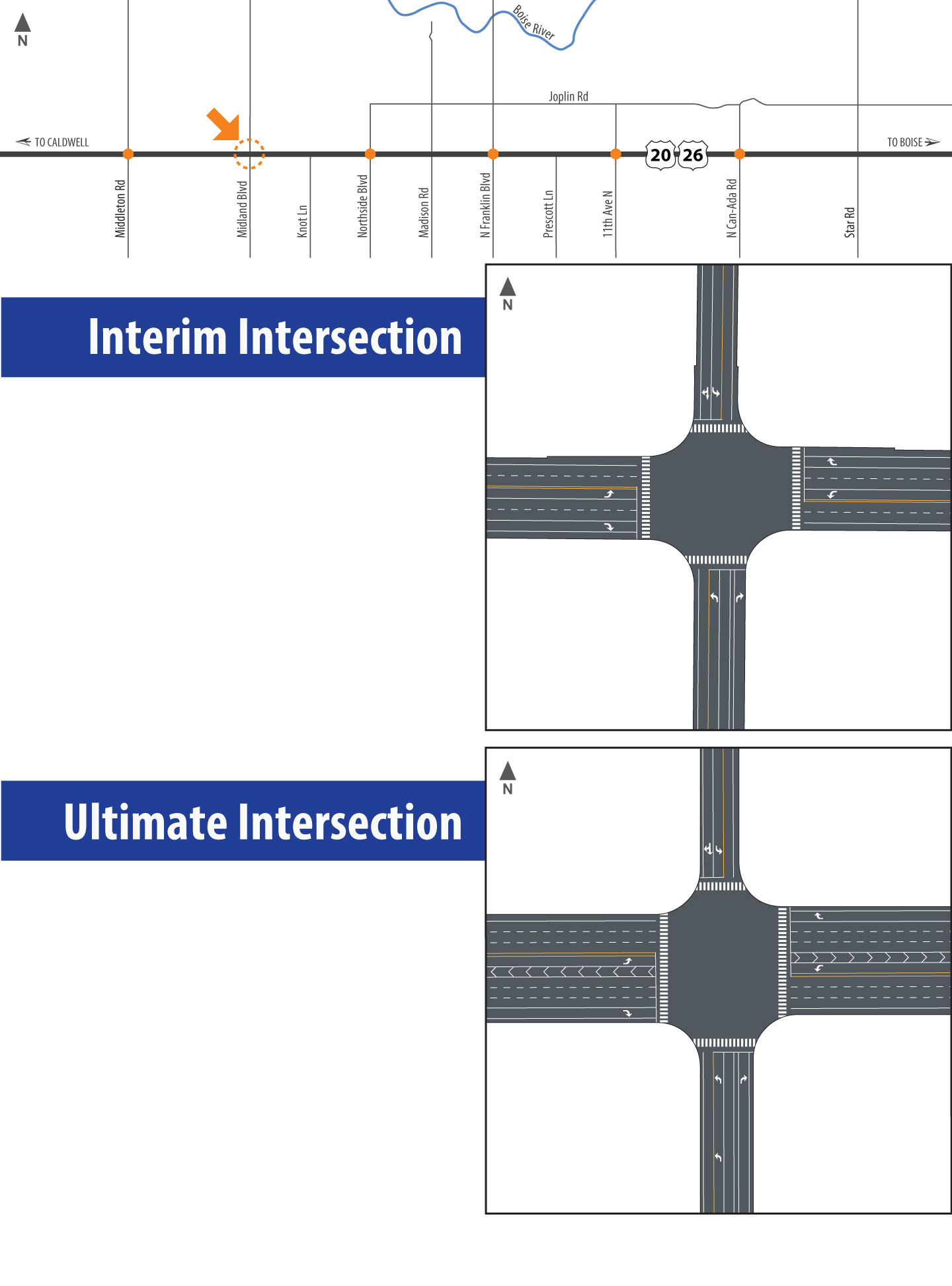 Map and graphics of Midland Boulevard Intersection showing interim and ultimate improvements.