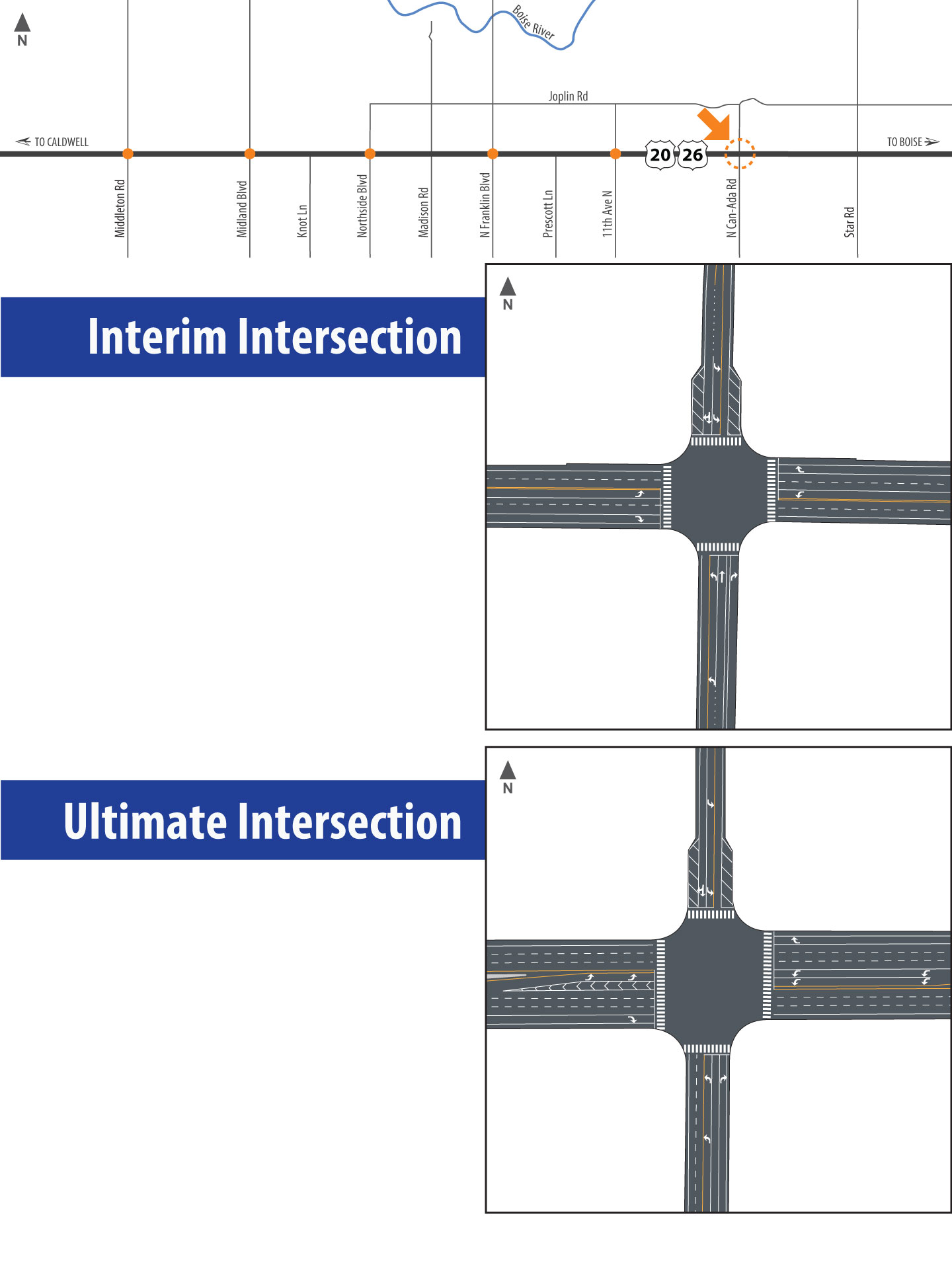 Map and graphics of North Can-Ada Road Intersection showing interim and ultimate improvements.