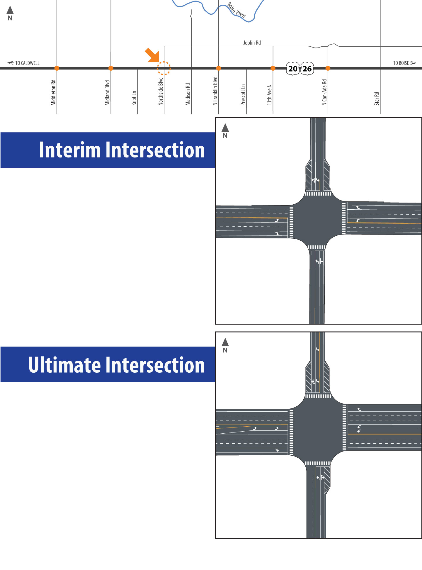 Map and graphics of Northside Boulevard Intersection showing interim and ultimate improvements.